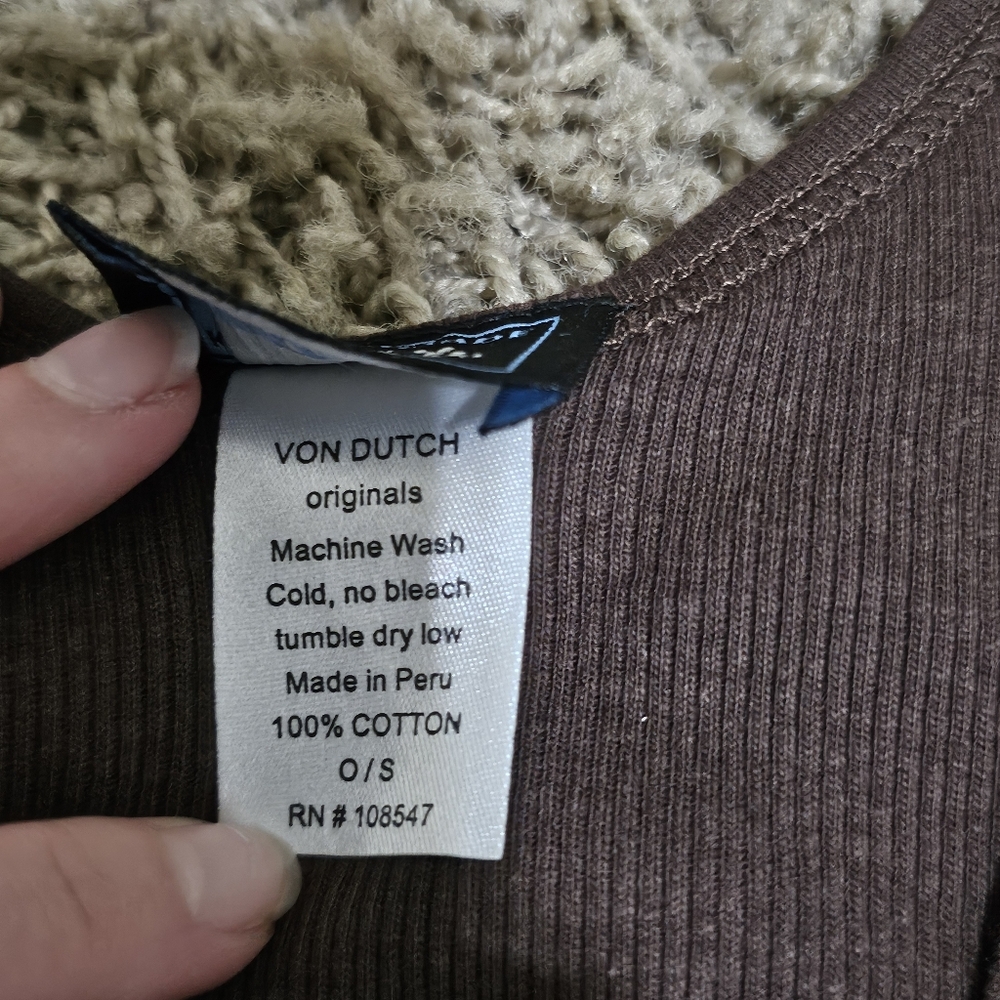 New Von Dutch Tank Brown Yellow Script Ribbed Stretch - Picture 5 of 6